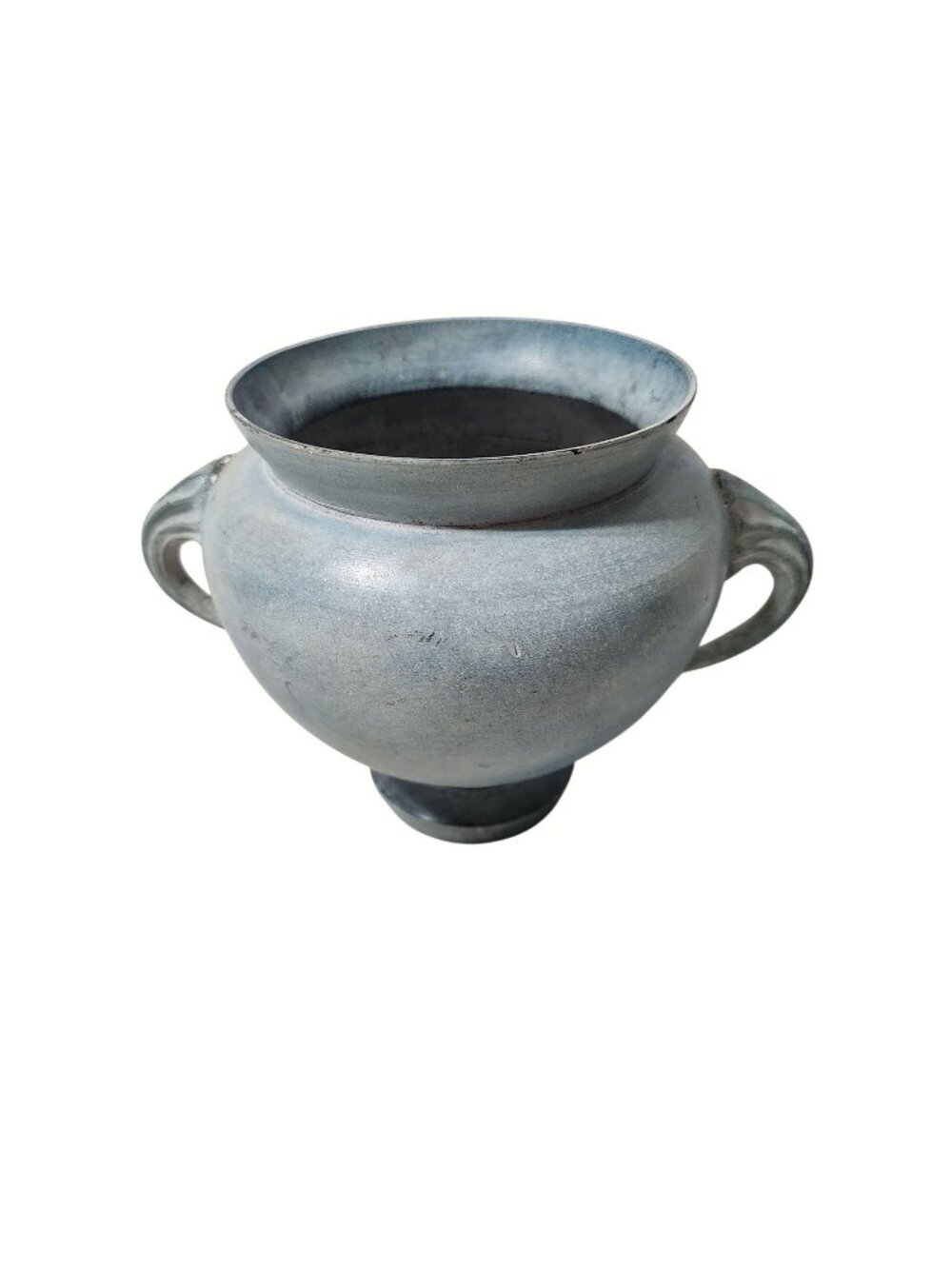Vintage Blue Metal Two-Handled Vase With Rustic Patina Decorative Accent Piece